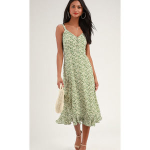 NWOT Lulus Darling Daisies Green Floral Print Midi Dress